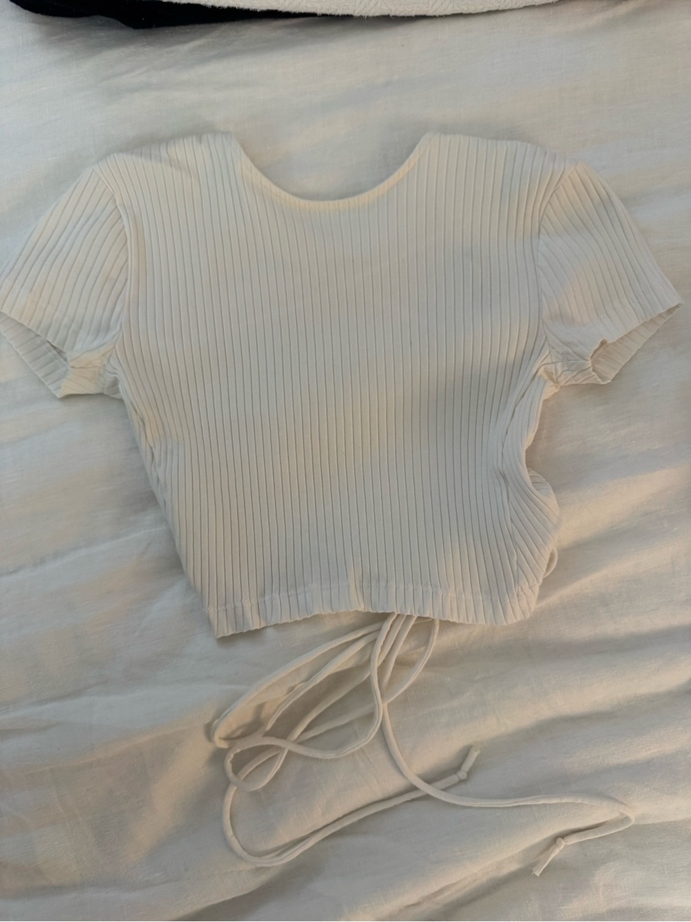 White Ribbed Tie-Front Crop Top